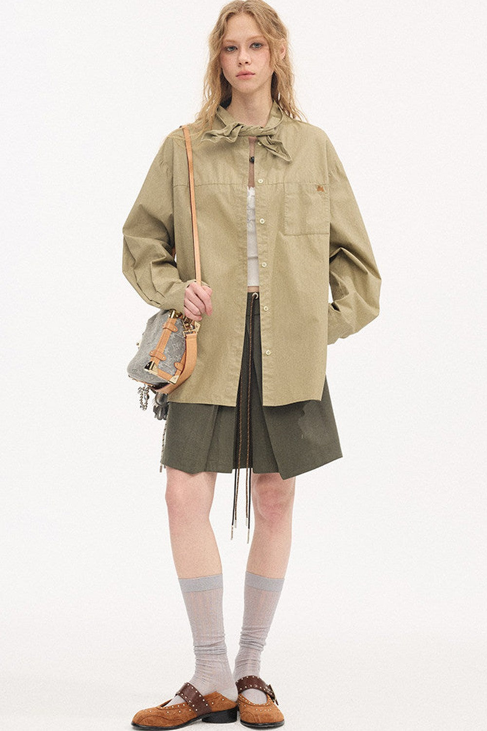 Washed Cotton Scarf-Style Blouse