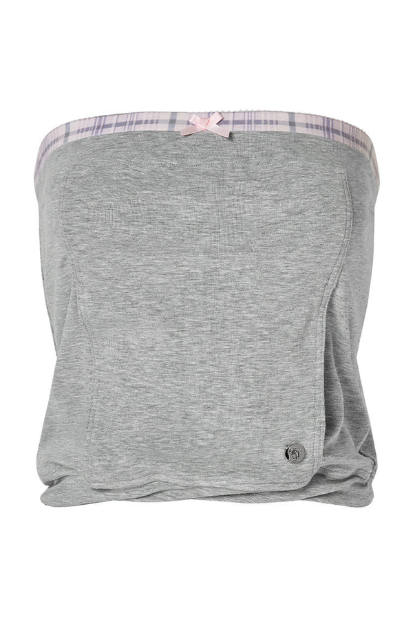 Gray Pink Plaid Bow Tube Top