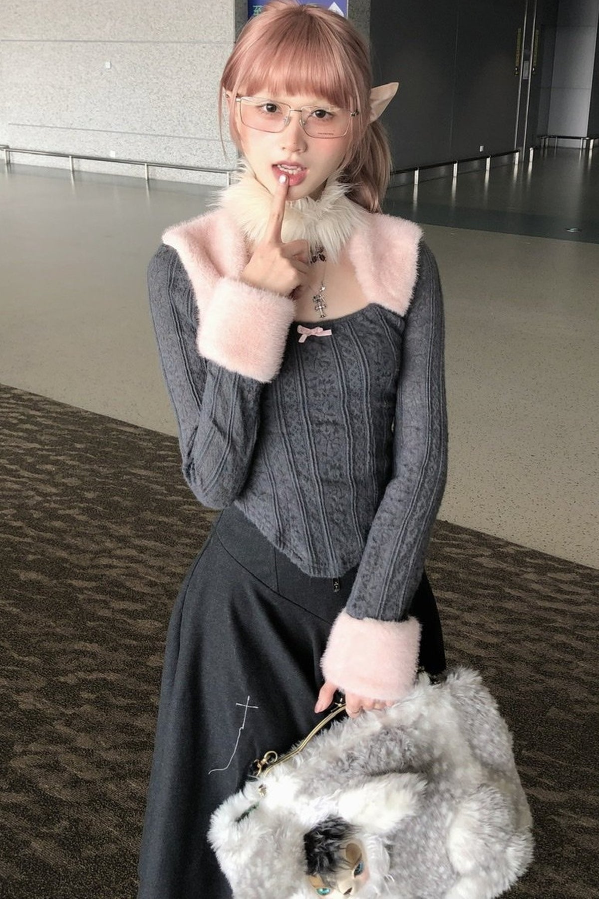 Fur Patchwork Curved Knit Top