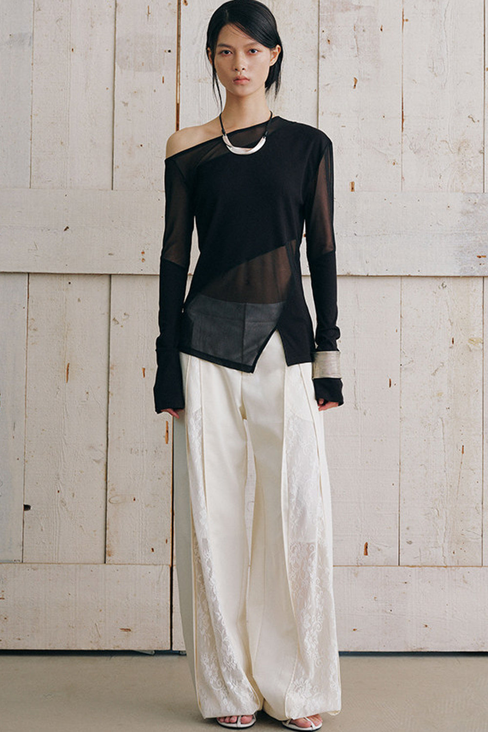 Asymmetrical Sheer Long Sleeve Blouse