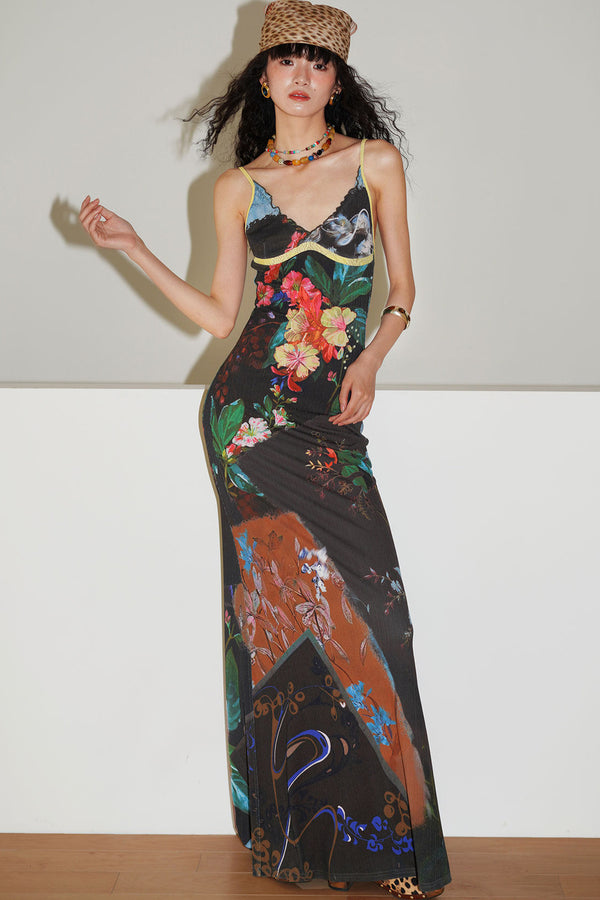 Chinese Print Lace Slip Dress