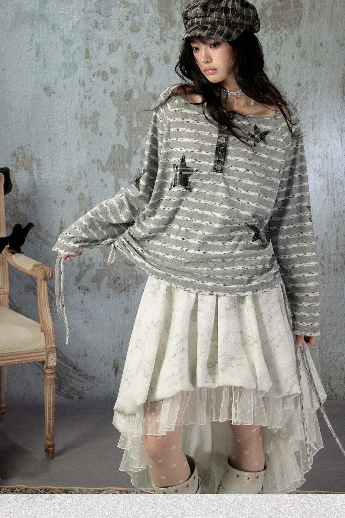 Striped Off-Shoulder Long-Sleeve T-Shirt