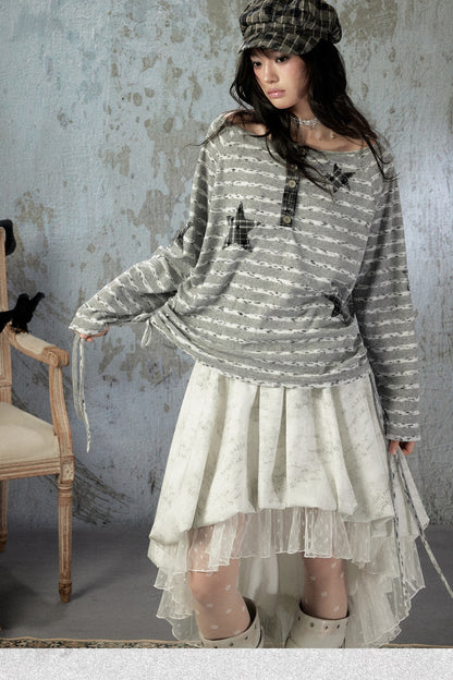 Striped Off-Shoulder Long-Sleeve T-Shirt