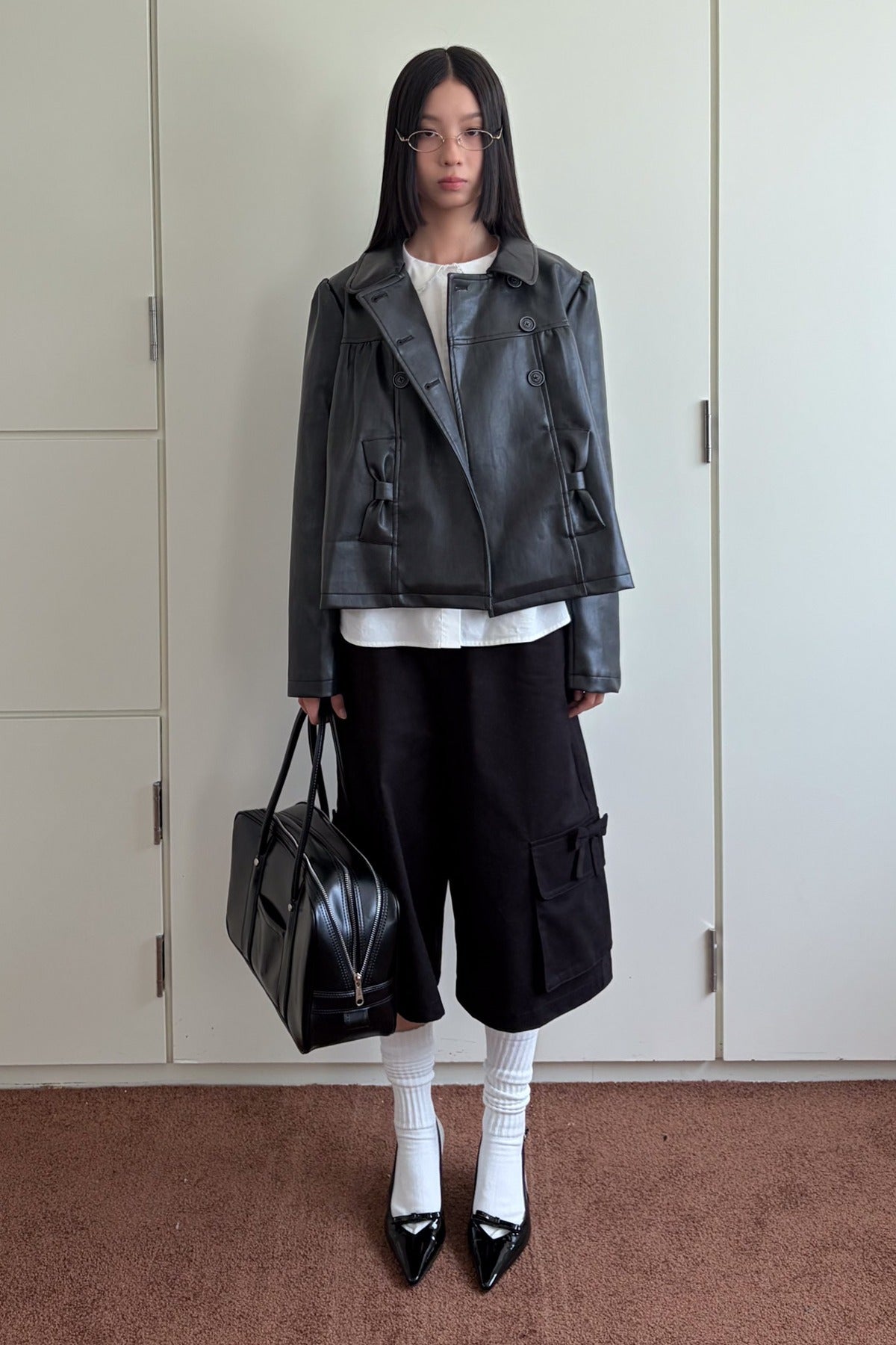 Double-Breasted Bow Pocket Leather Jacket