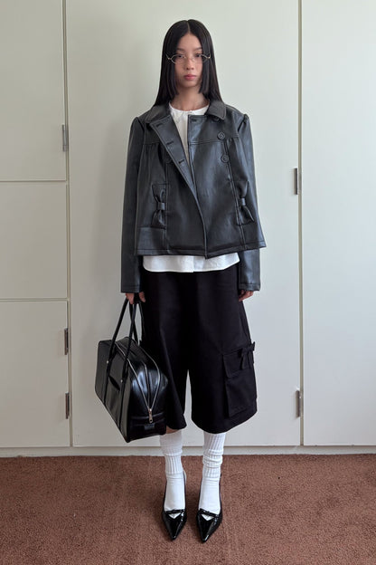 Double-Breasted Bow Pocket Leather Jacket