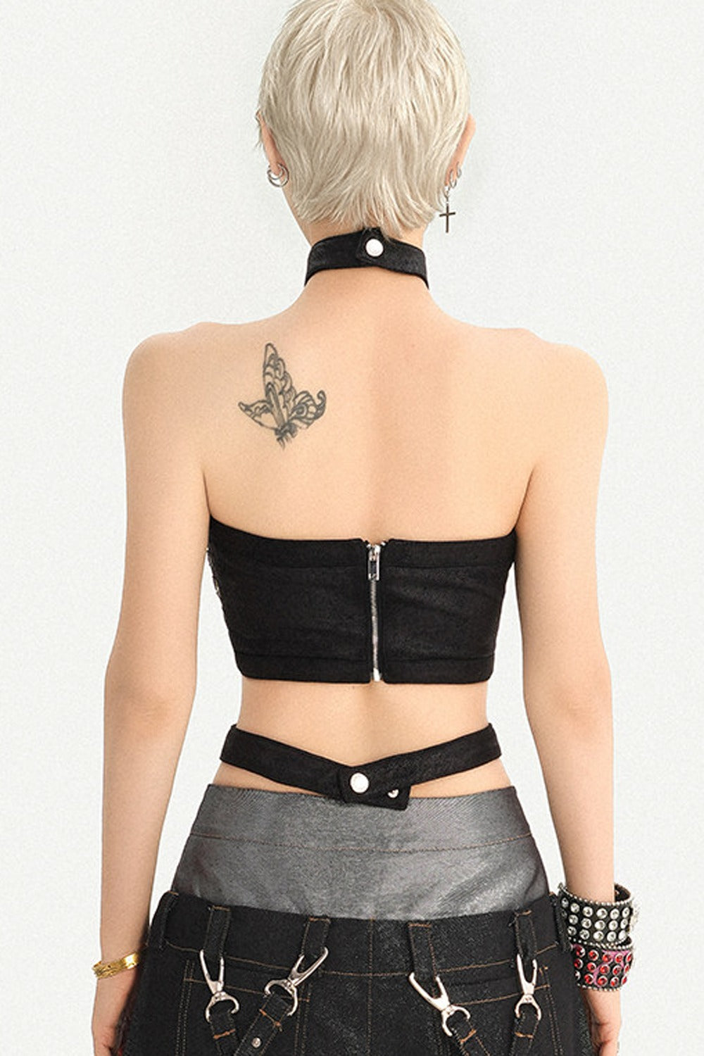 Rivet Zipper Halter Tube Top