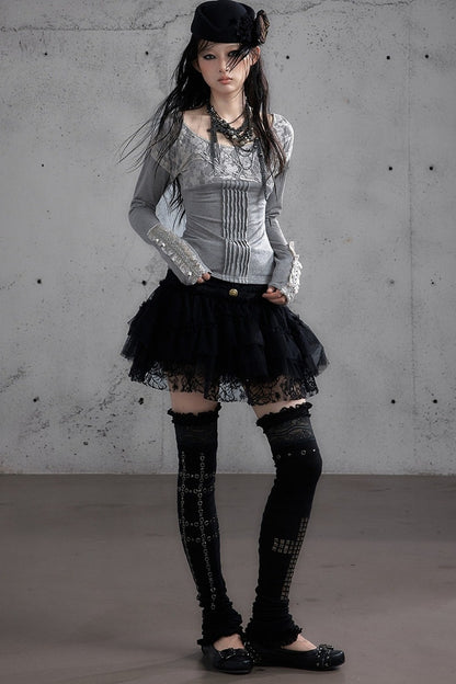 Lace Patchwork Pleated Multi-Layered Puffy Skirt