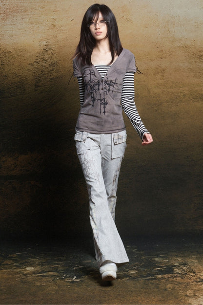 Cross Print Layered-Look V-Neck T-Shirt