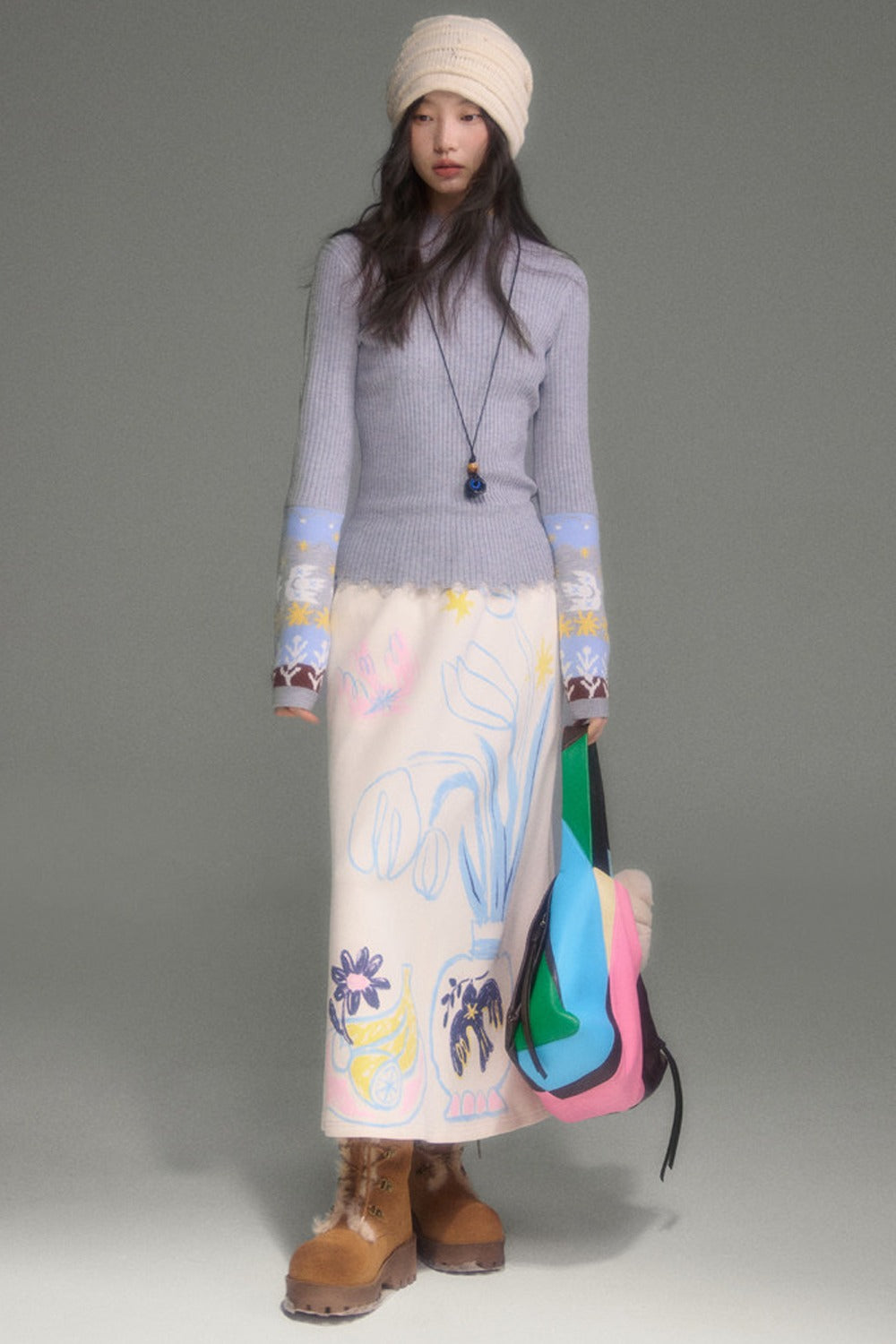 Wool Blend Bird Jacquard Knit Top