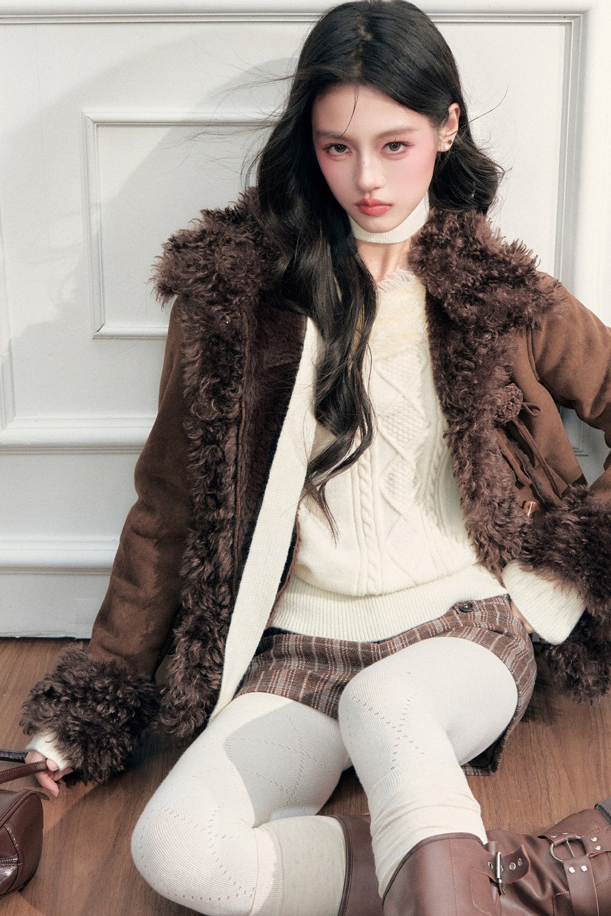 Ribbon Tie Off-Shoulder Cable Knit Sweater