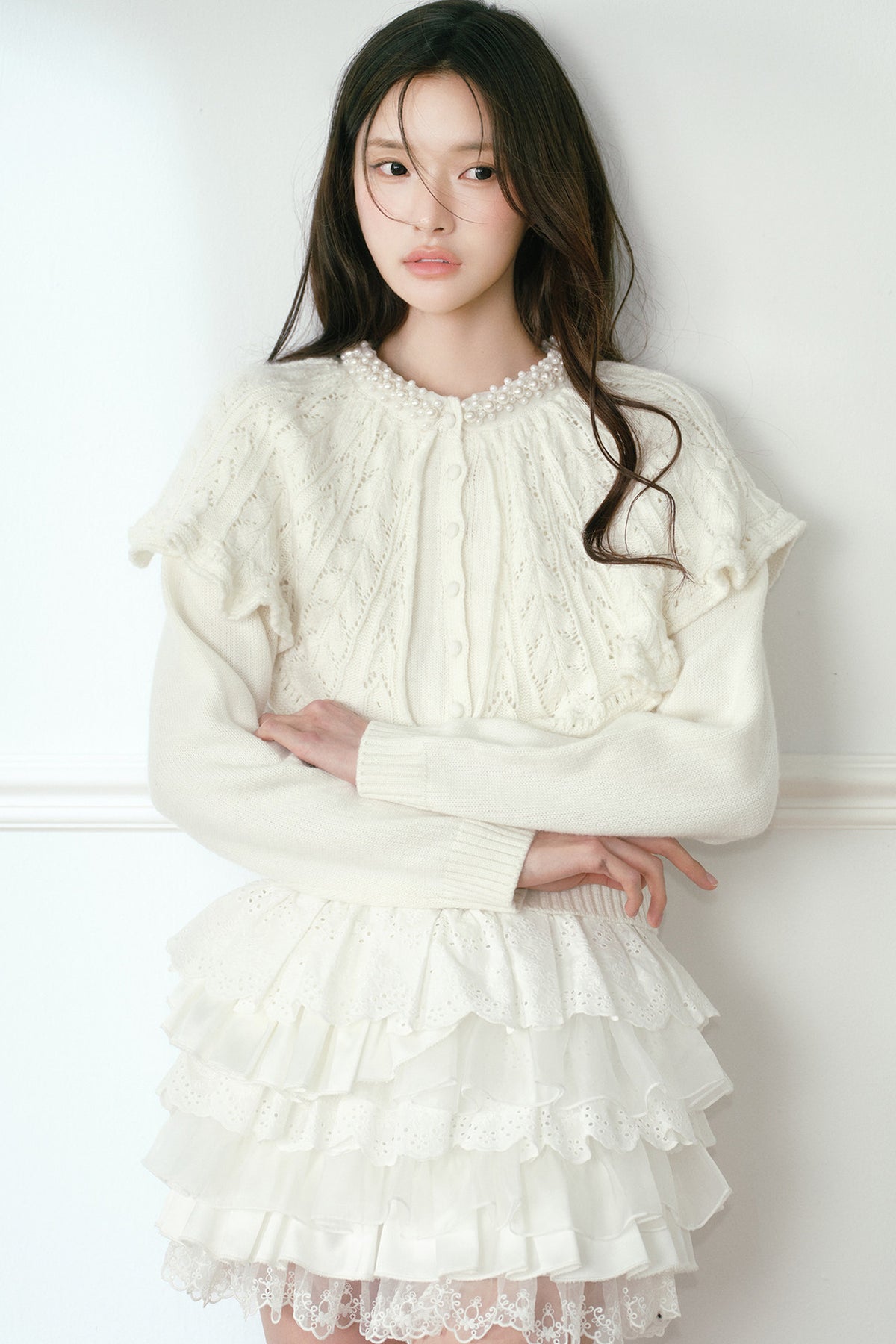 White Pearl Collar Cape Shawl Knit Sweater