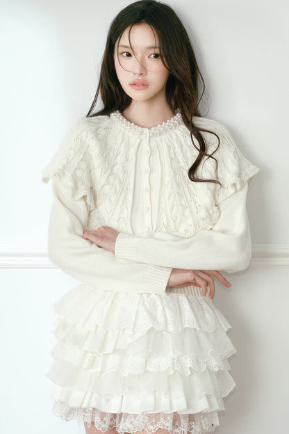 White Pearl Collar Cape Shawl Knit Sweater