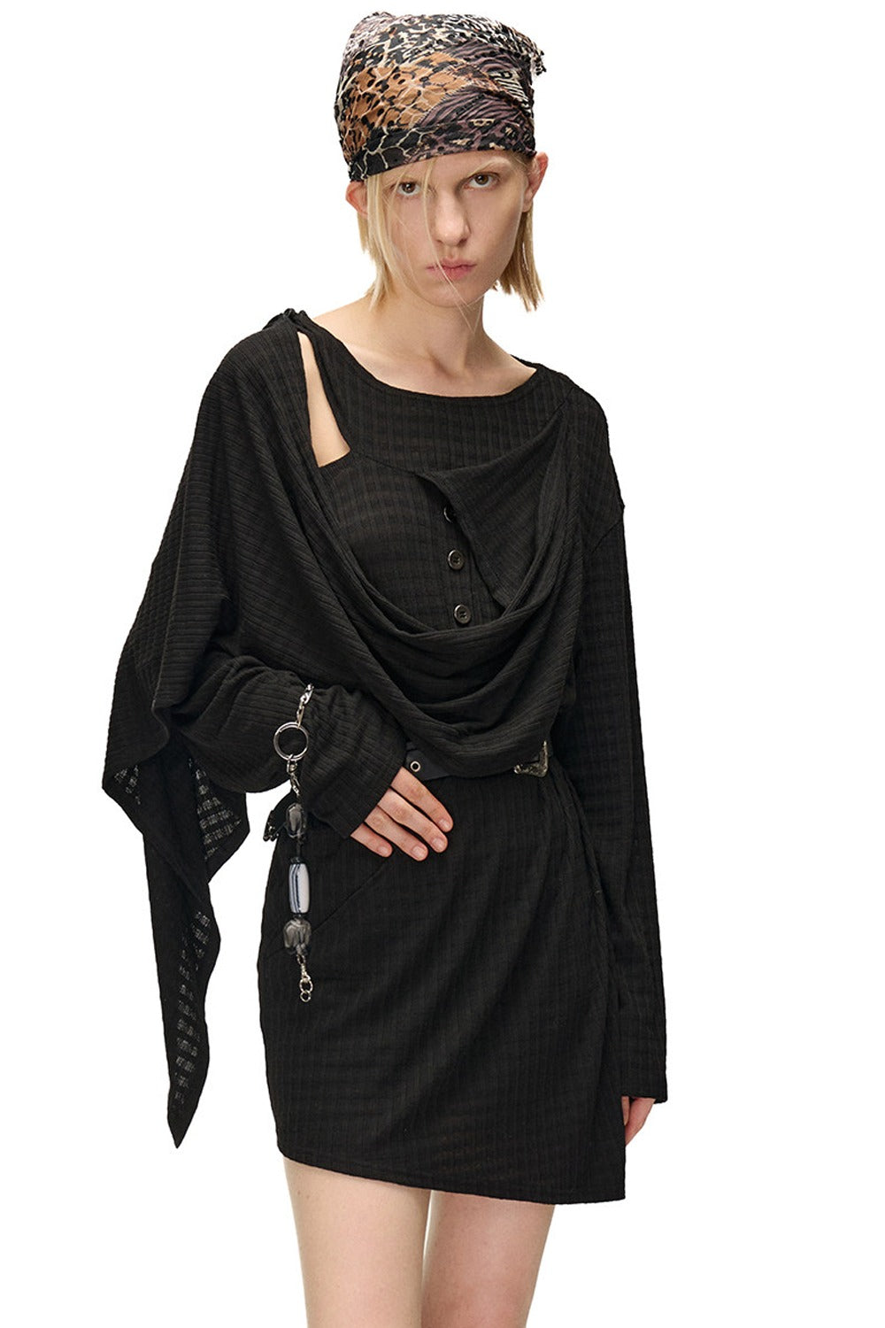 Multi-Wear Layered Waffle Off-Shoulder Ribbon Irregular Dress