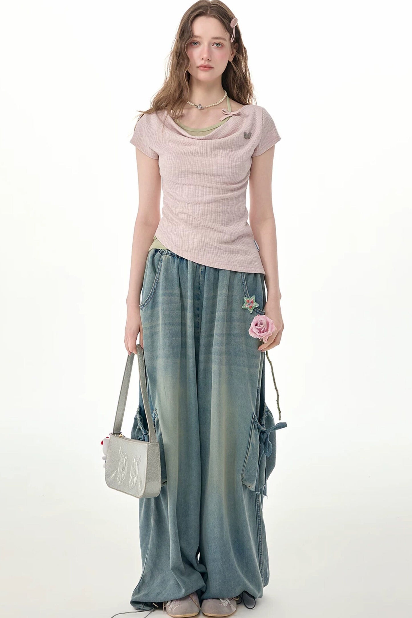 Pink Drape Neck Layered Short Sleeve Top