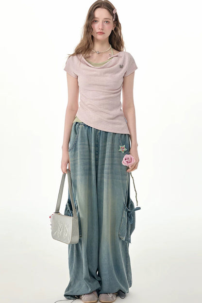 Pink Drape Neck Layered Short Sleeve Top
