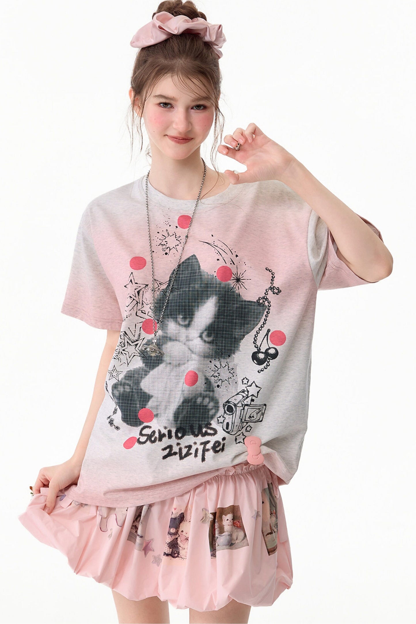 T-Shirt mit rosa Farbverlauf und Katzenprint