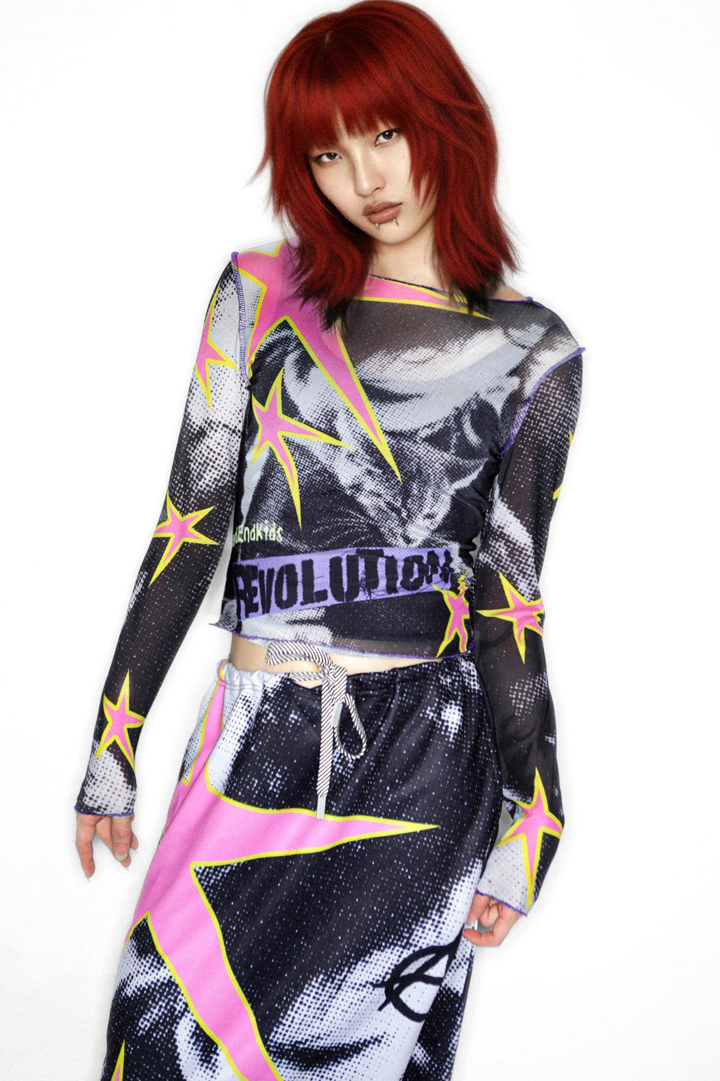 Y2K Graphic Long Sleeve Mesh Top