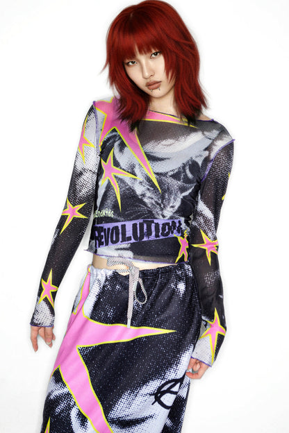 Y2K Graphic Long Sleeve Mesh Top