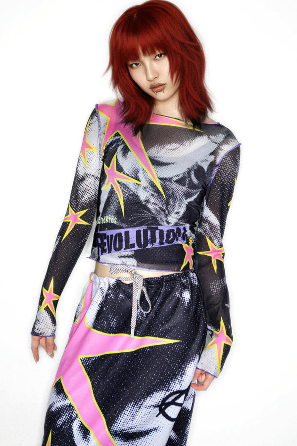 Y2K Graphic Long Sleeve Mesh Top