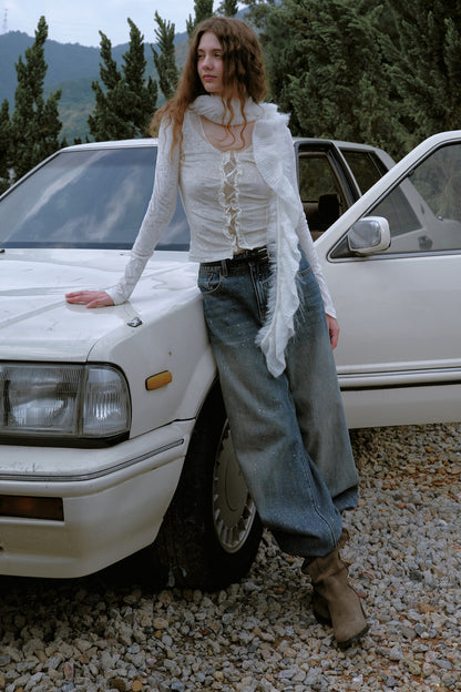 Gold-Stamped Starry Wide-Leg Jeans