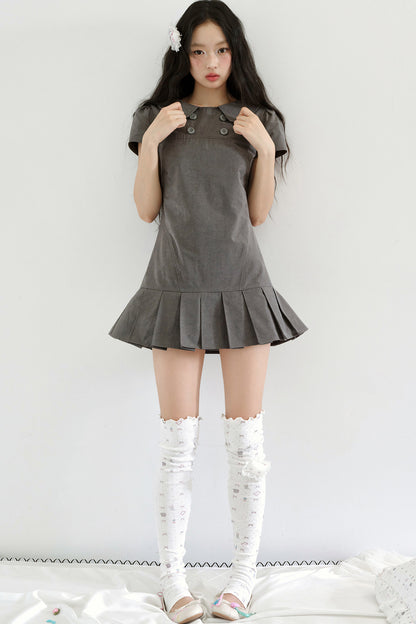 Gray Low-Waist Double-Breasted Patchwork Pleated Dress