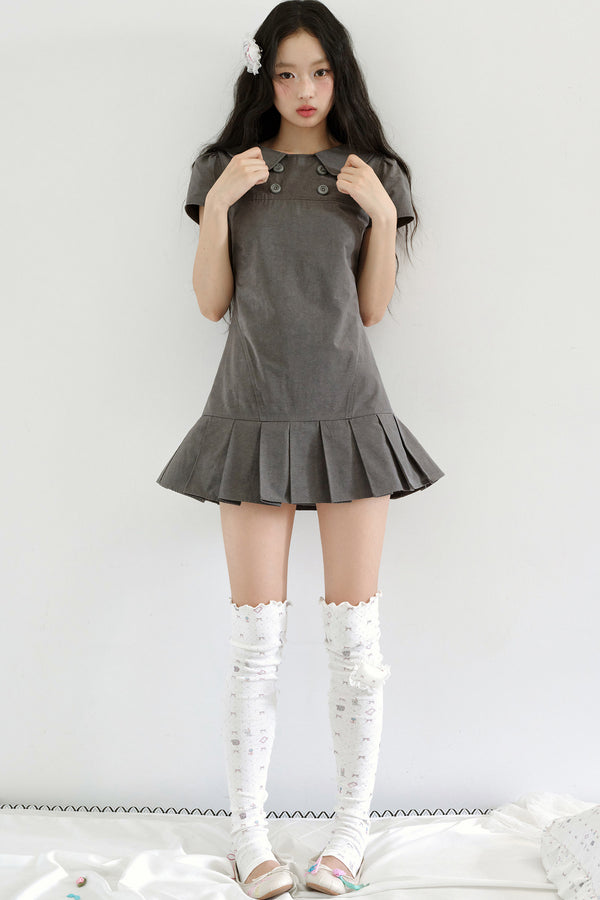 Gray Low-Waist Double-Breasted Patchwork Pleated Dress