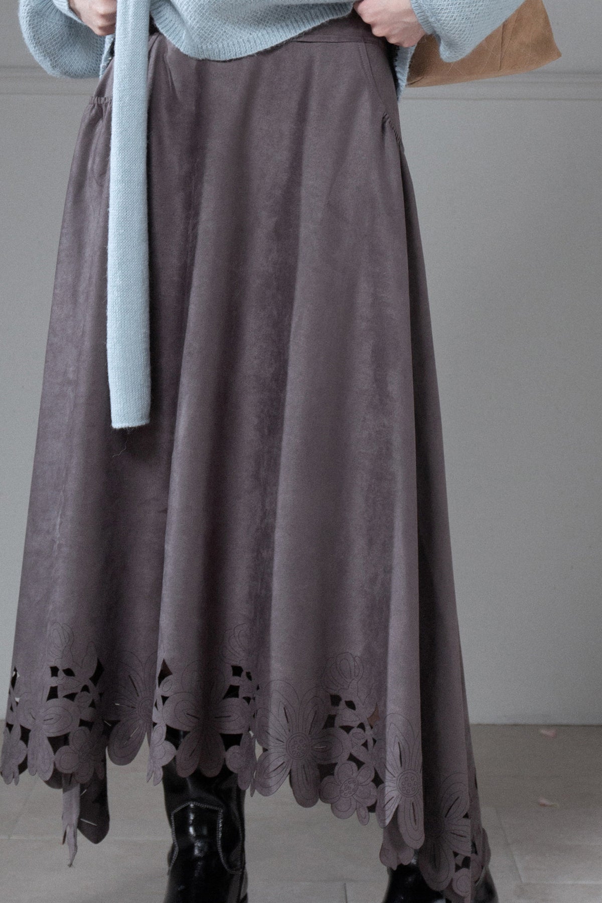 Smoky Gray Laser-Engraved Suede Skirt