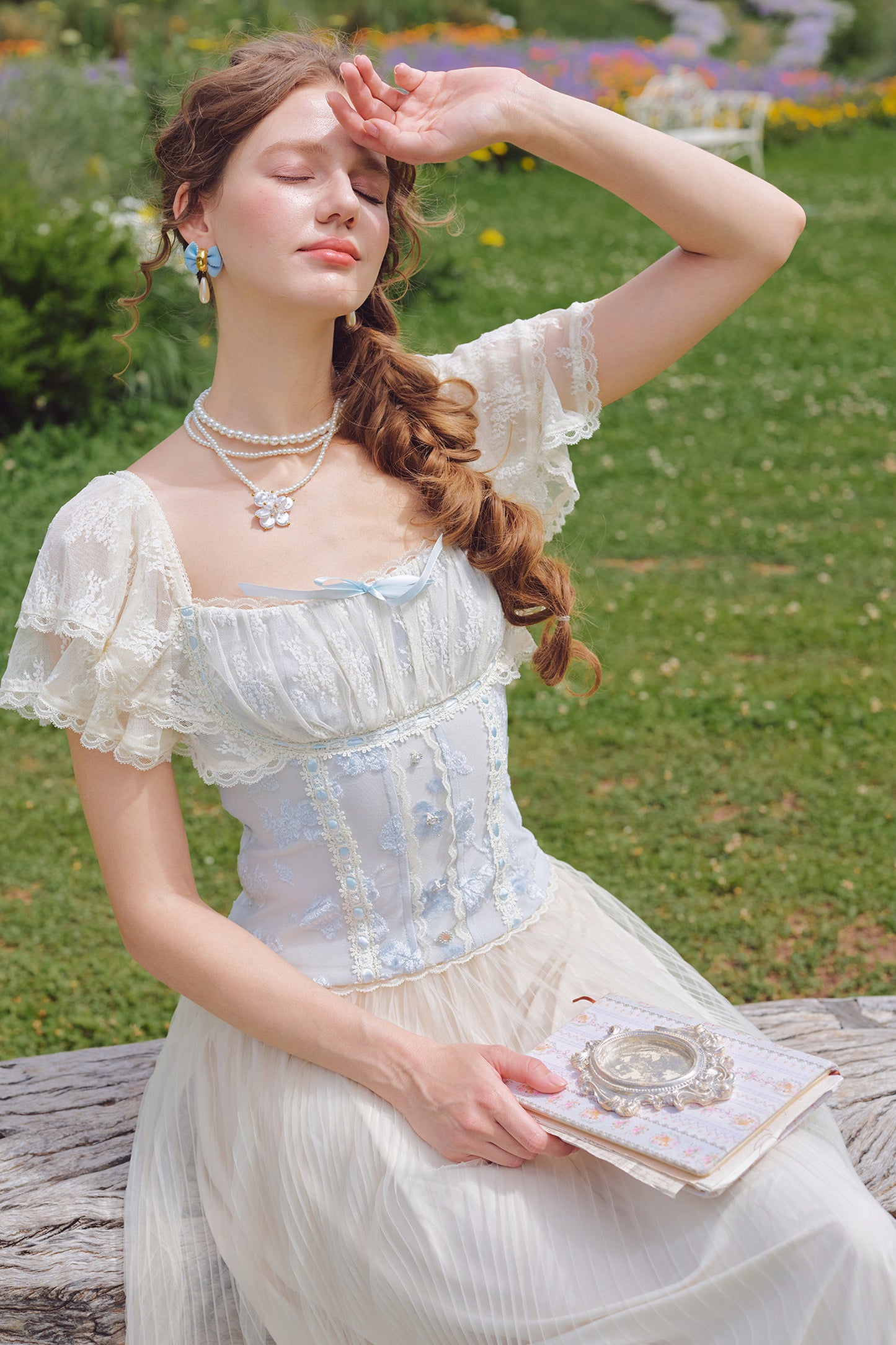 French Retro Lace Trim Top and Skirt Set-Up