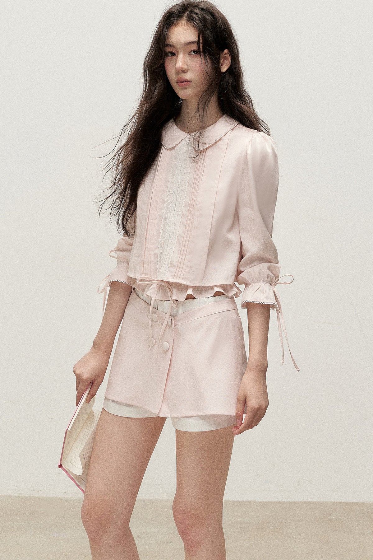 Mist Pink Lyocell Linen Mid-Sleeve Tuck Pleat Shirt Skirt Set-Up