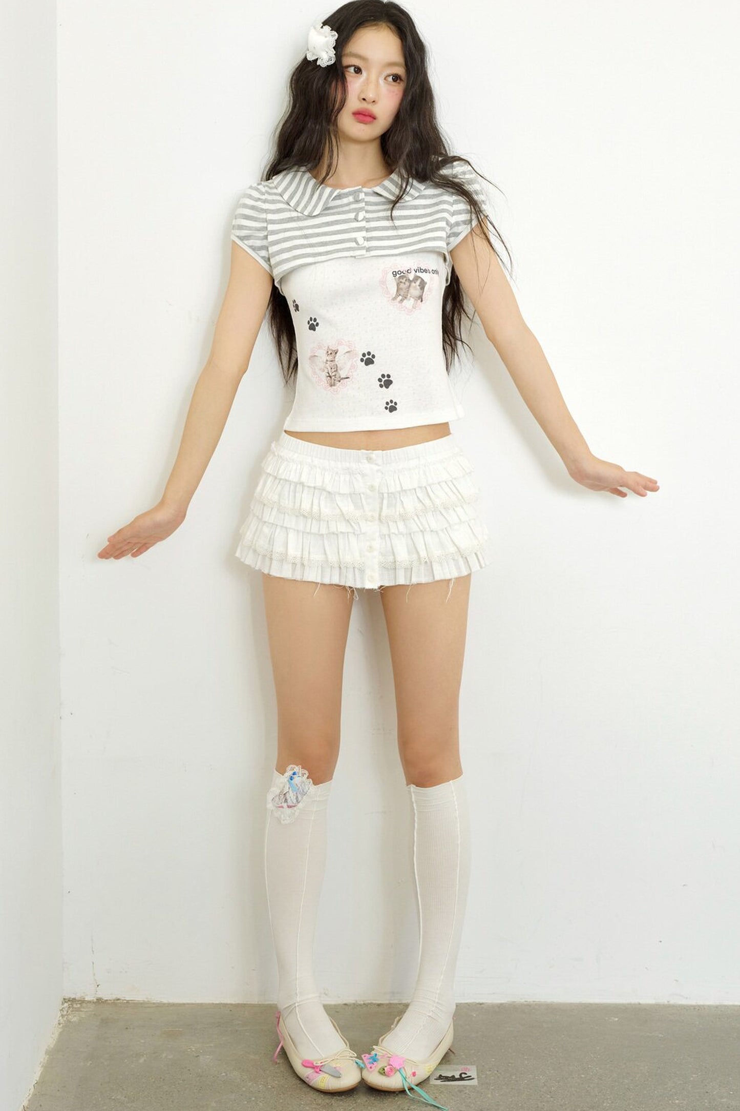 Cat Print Faux Two-Piece Knit Top