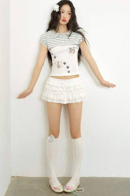 Cat Print Faux Two-Piece Knit Top
