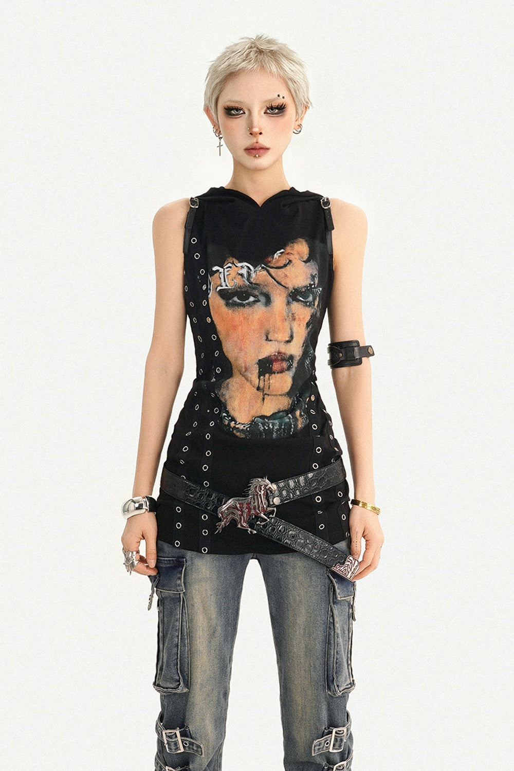 Punk Rivet Printed Hooded Dress
