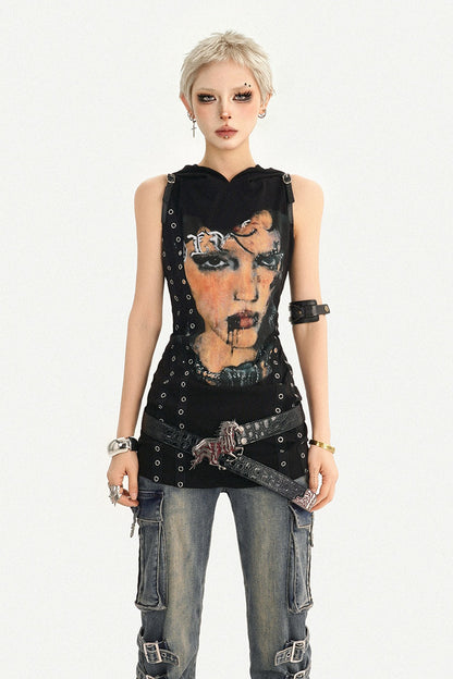 Punk Rivet Printed Hooded Dress