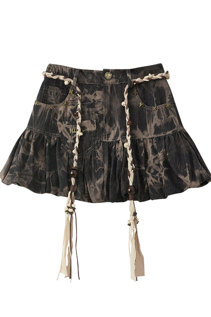 Tie-Dye Denim Drawstring Skirt