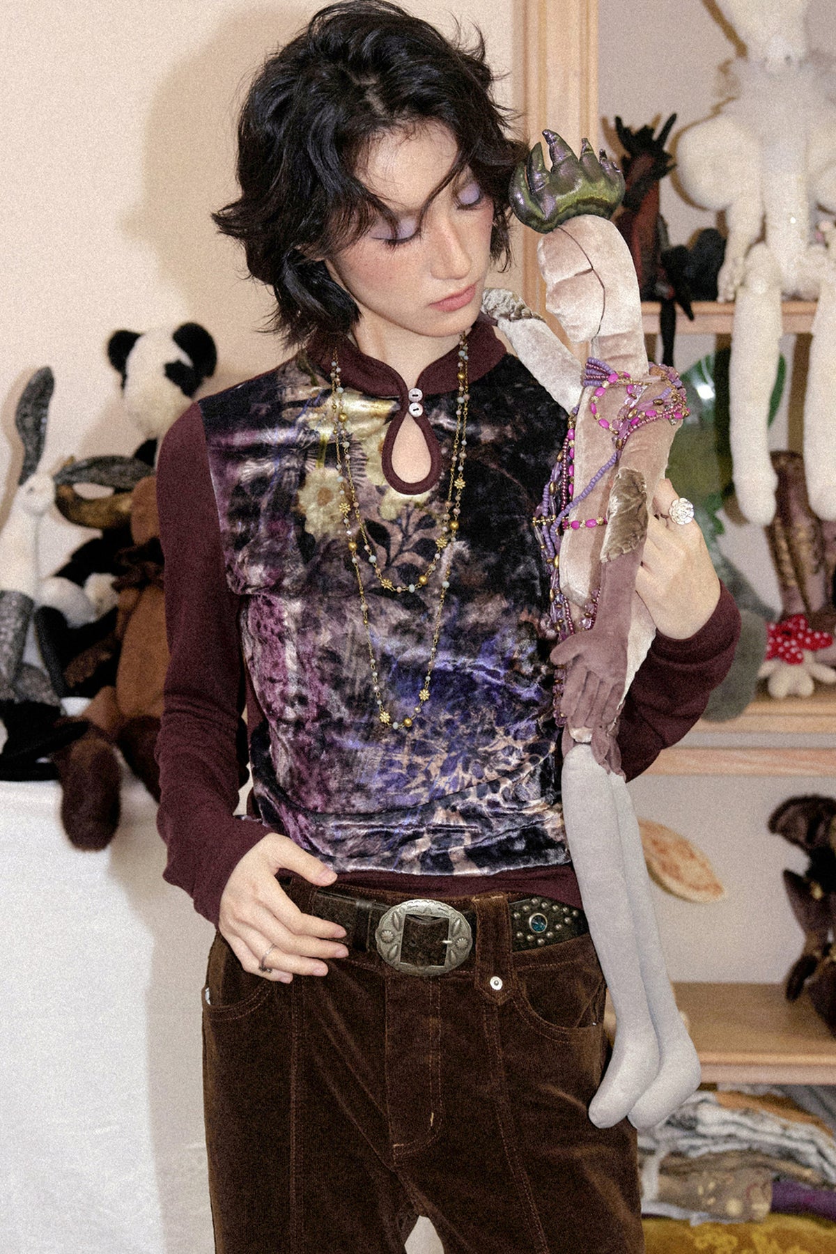 Mandarin Collar Velvet Long-Sleeve T-Shirt