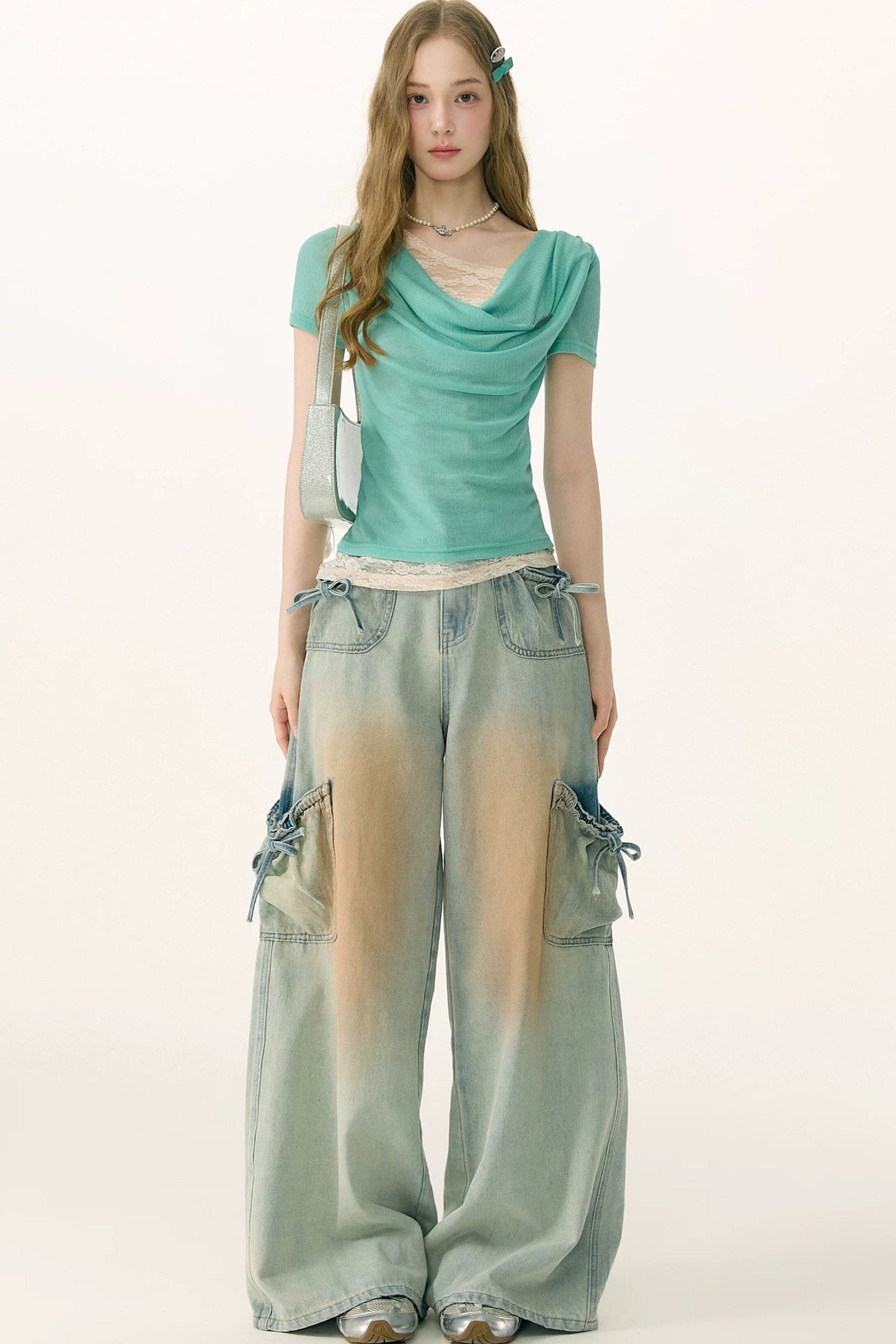 High-Waisted Bow-Knot Wide-Leg Denim Pants