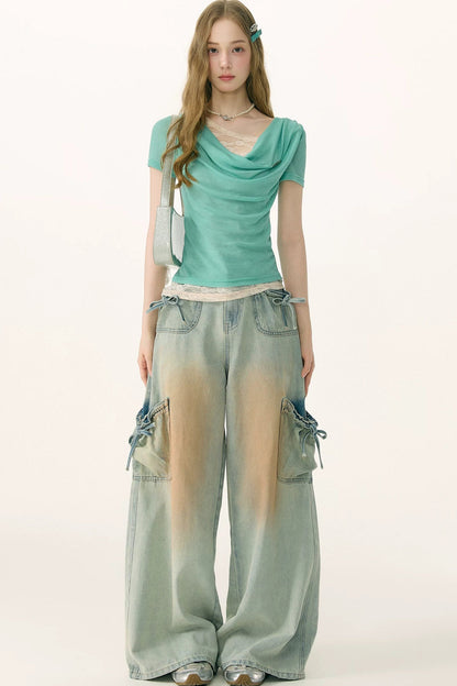 High-Waisted Bow-Knot Wide-Leg Denim Pants