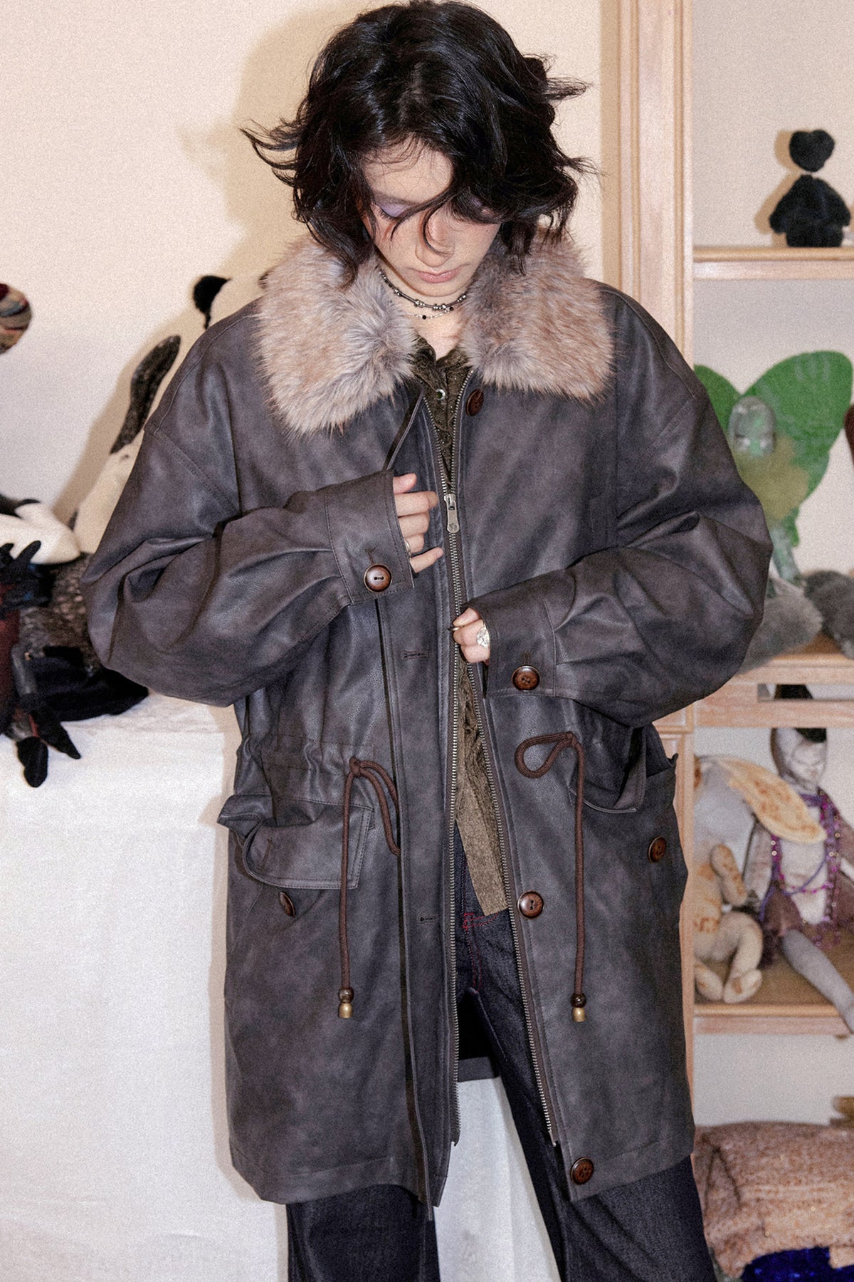 Fleece-Lined Detachable Fur Collar Leather Jacket
