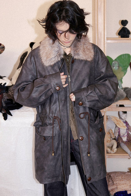 Fleece-Lined Detachable Fur Collar Leather Jacket
