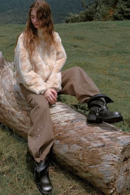 High-Waisted Loose Beaded Patchwork Wool Tweed Pants