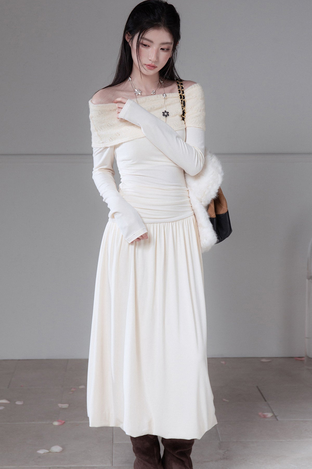 Apricot Off-The-Shoulder Knit Dress