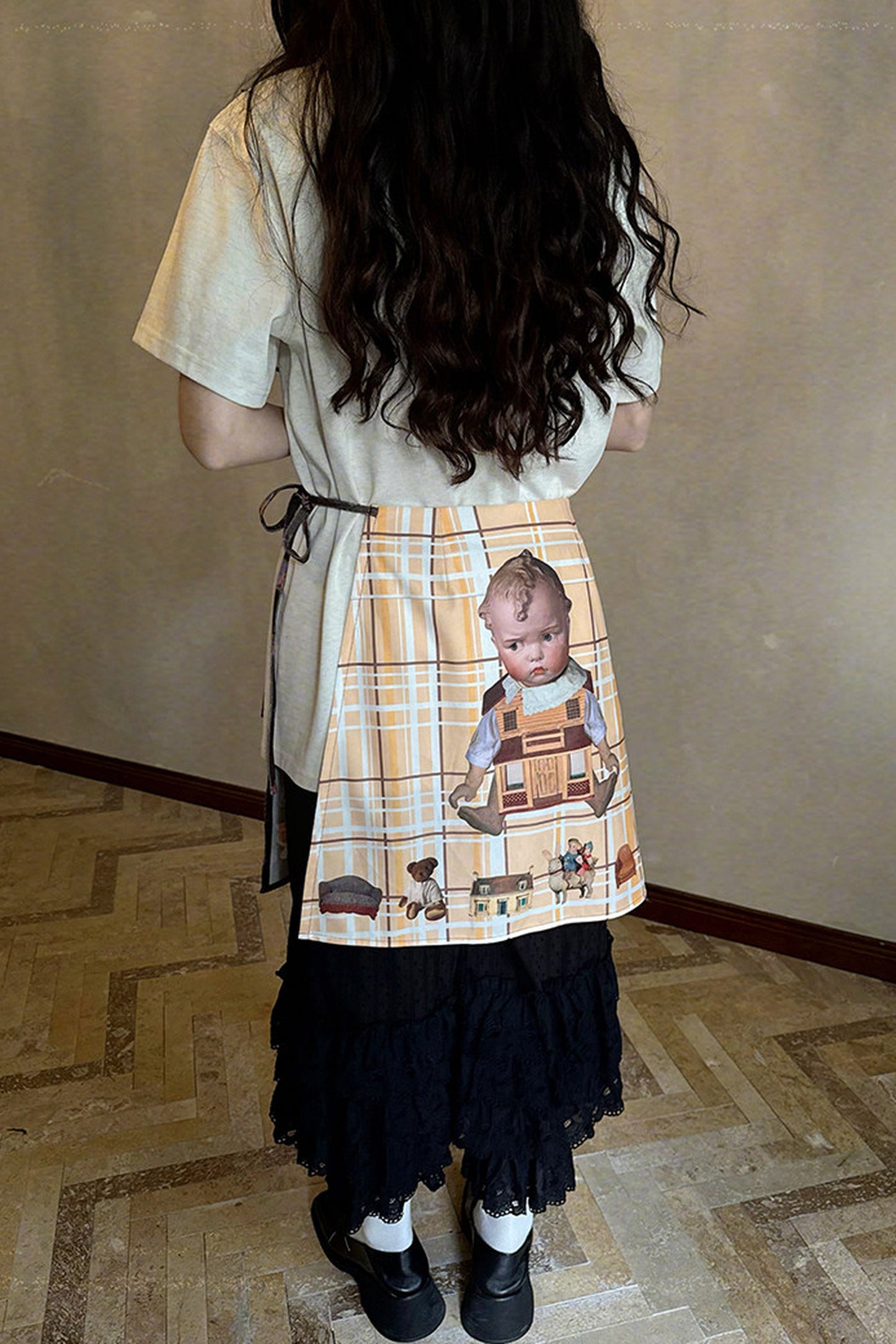 Transparent Doll Print Bowknot Apron Skirt