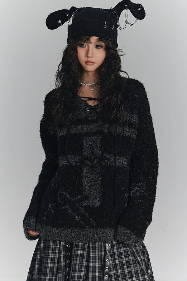 V-Neck Drawstring Pullover Sweater
