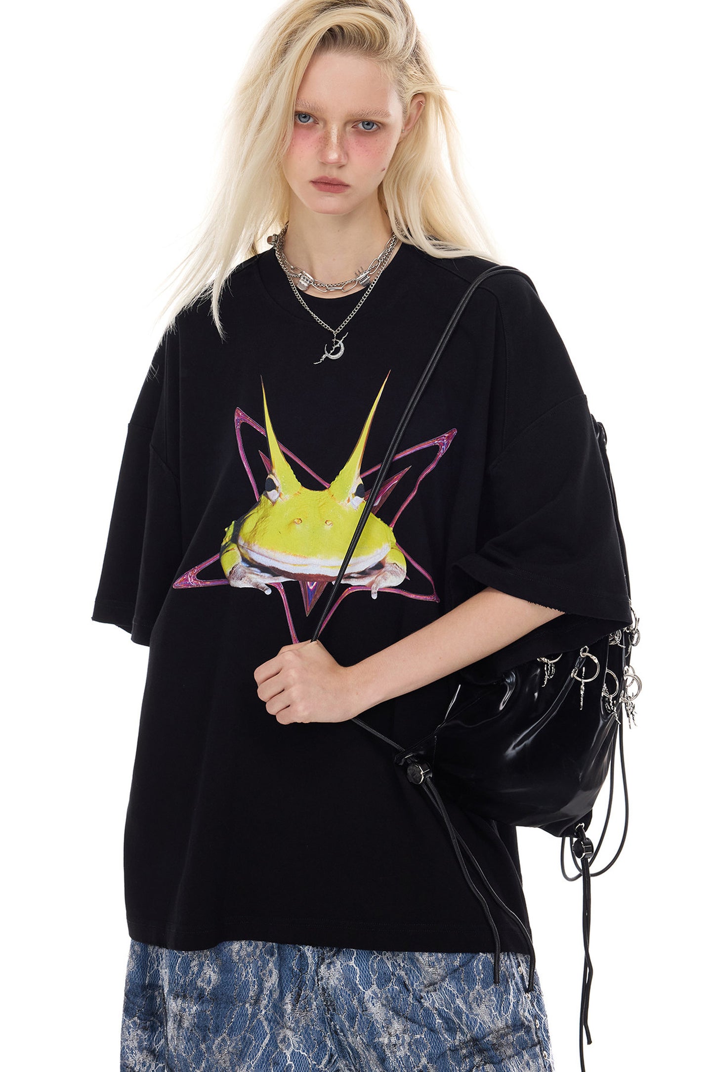 Y3K Punk Horned Frog Print Blouse