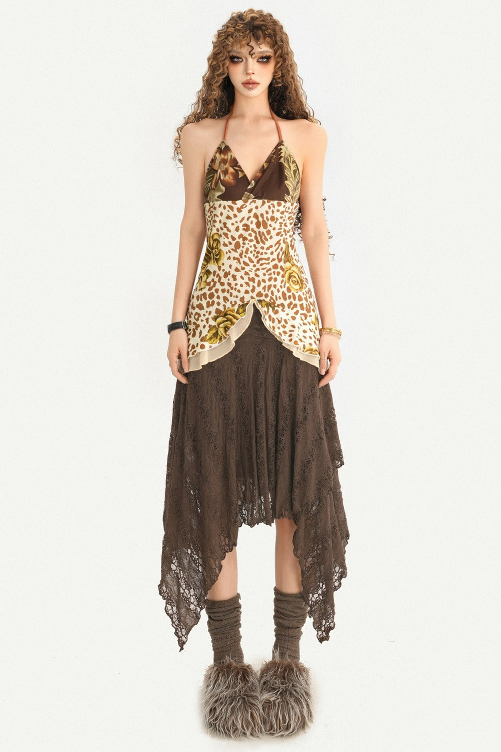 Y2K Leopard Rose Irregular Slit Halter Camisole