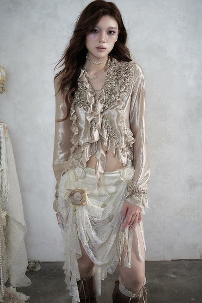 Ruffle Trim Tie Waist Long-Sleeved Blouse