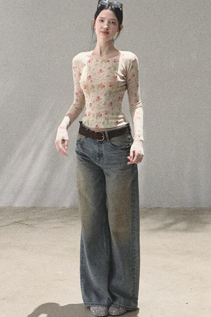 Vintage Hand-Painted Wide Leg Jeans Set