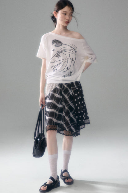 Bird And Tulip Print One-Shoulder Tencel T-Shirt