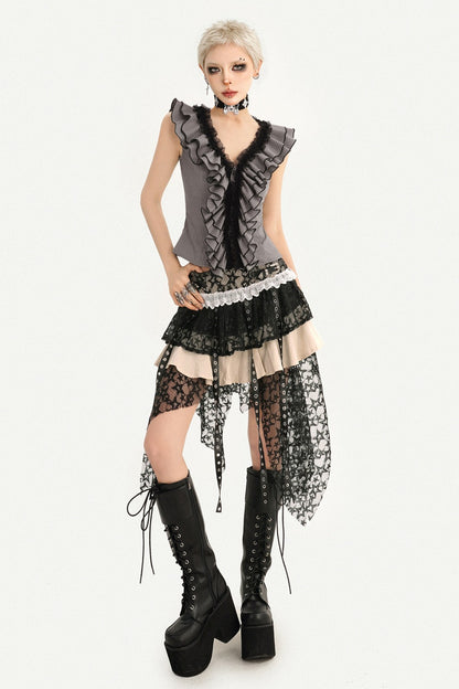 Camicia gotica a righe con volant, scollo a V e senza maniche