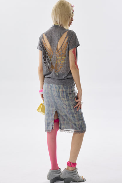 Plaid Organza Cut-Out Skirt